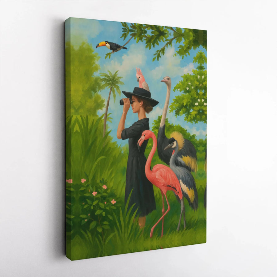 Exotic Bird Watcher Canvas Art | Surreal Jungle Painting with Flamingo & Toucan | Premium Gallery Wrap Print | Unique Wall Decor Gift for Nature Lovers