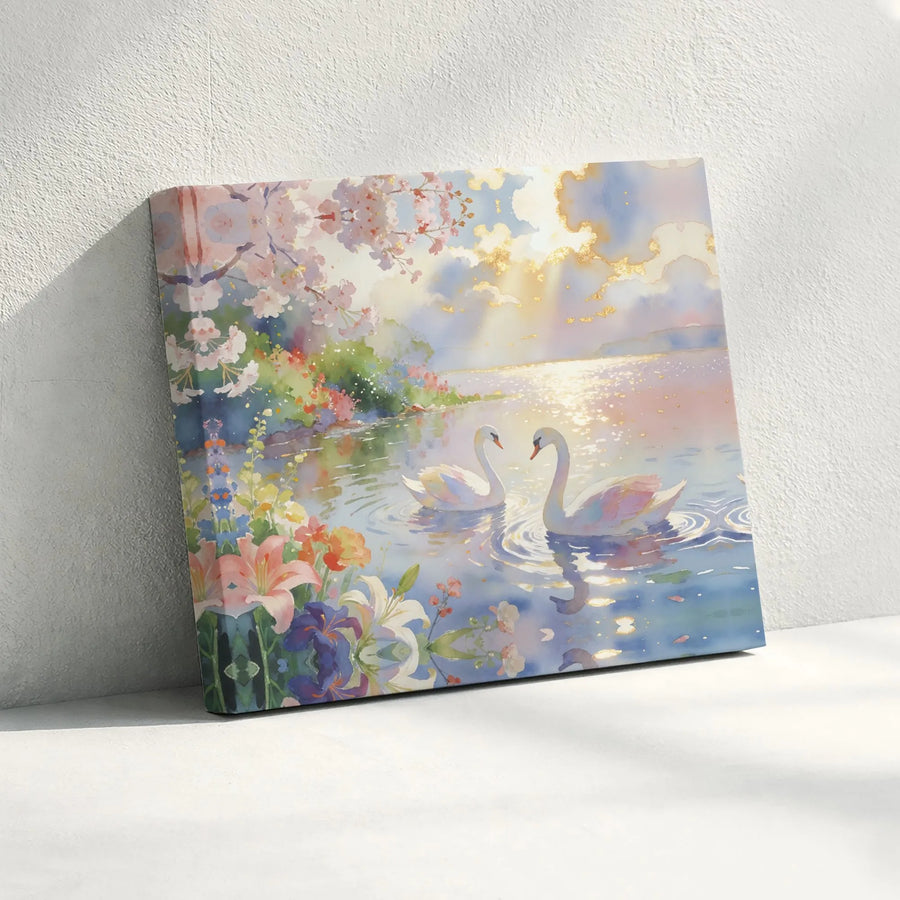 Romantic Swan Canvas Wall Art | Ethereal Watercolor Lake Scene with Flowers | Premium Gallery Wrap Canvas | Bedroom Wall Decor Anniversary Gift