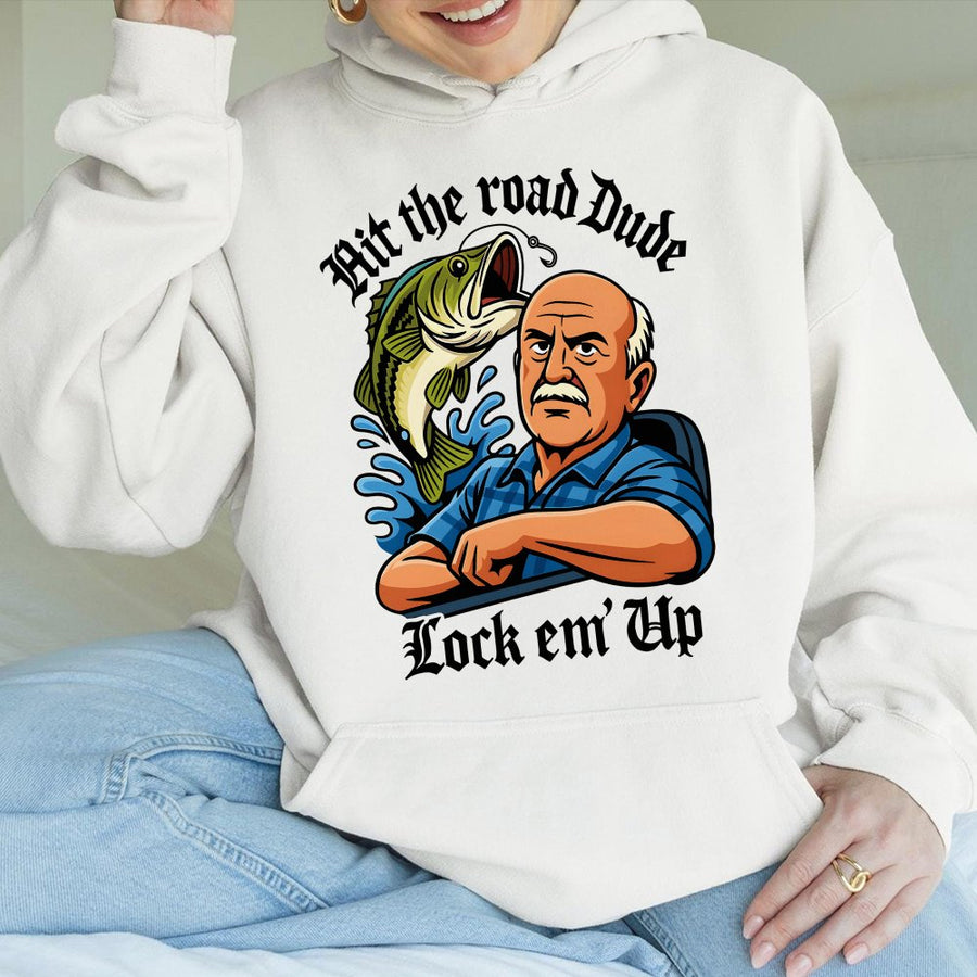 Fishing Hoodie | Hit The Road Dude Bass Fisherman Graphic | Soft Cotton Blend | Funny Retirement Gift for Men and Grandpa