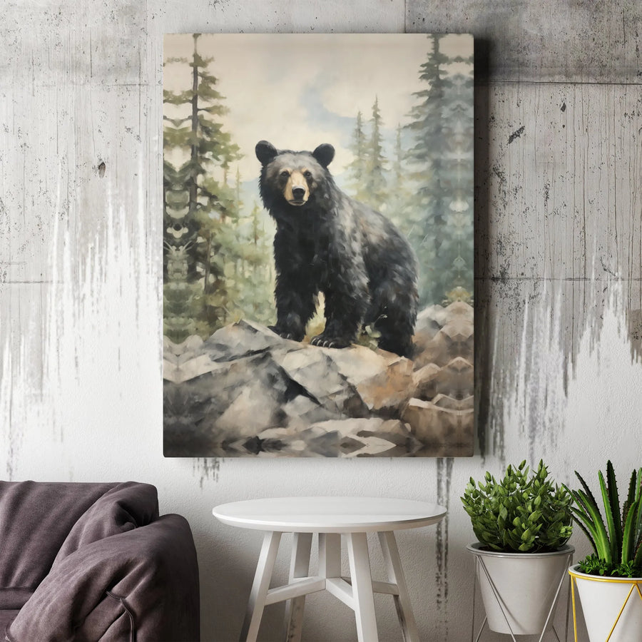 Black Bear Canvas Wall Art | Vintage Forest Bear Painting | Premium Gallery Wrapped Canvas | Rustic Cabin & Lodge Decor Gift