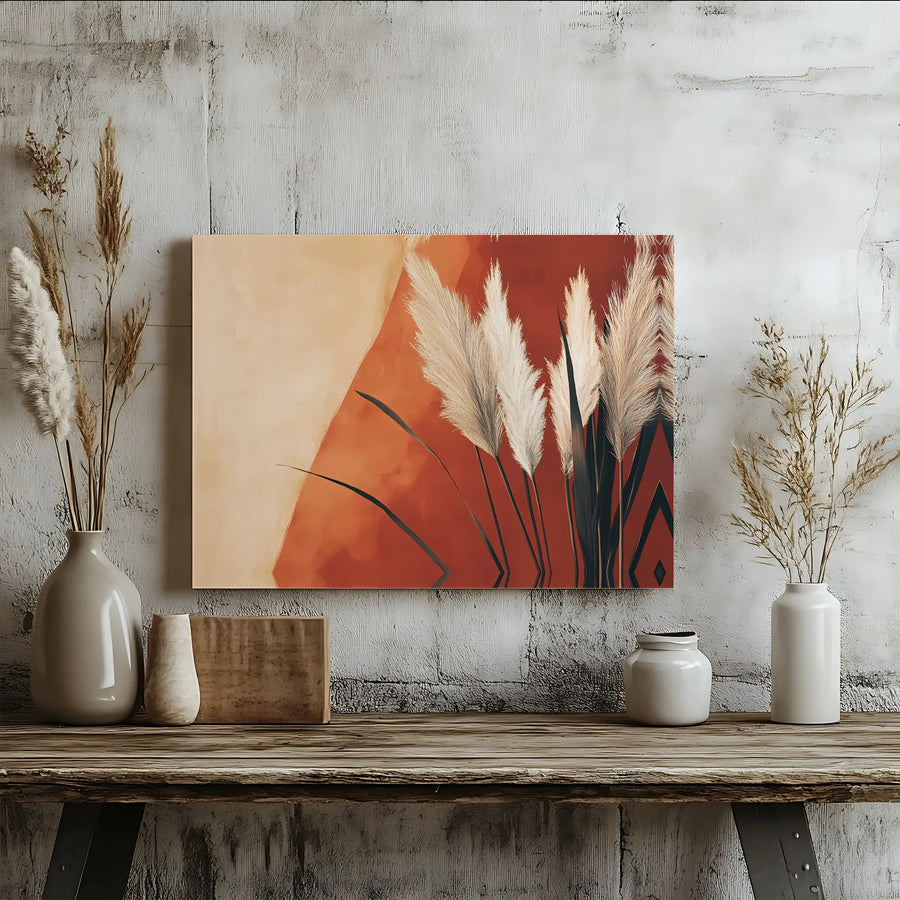 Bohemian Pampas Grass Canvas Wall Art | Terracotta and Beige Abstract Botanical Print | Gallery Wrapped Premium Decor | Modern Living Room Gift