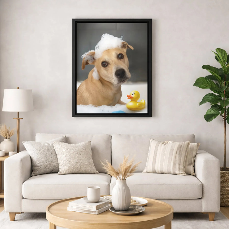 Dog In Bathtub Canvas Wall Art | Funny Puppy Bubble Mohawk Portrait | Premium Gallery Wrapped Print | Cute Bathroom Decor Gift For Dog Lovers