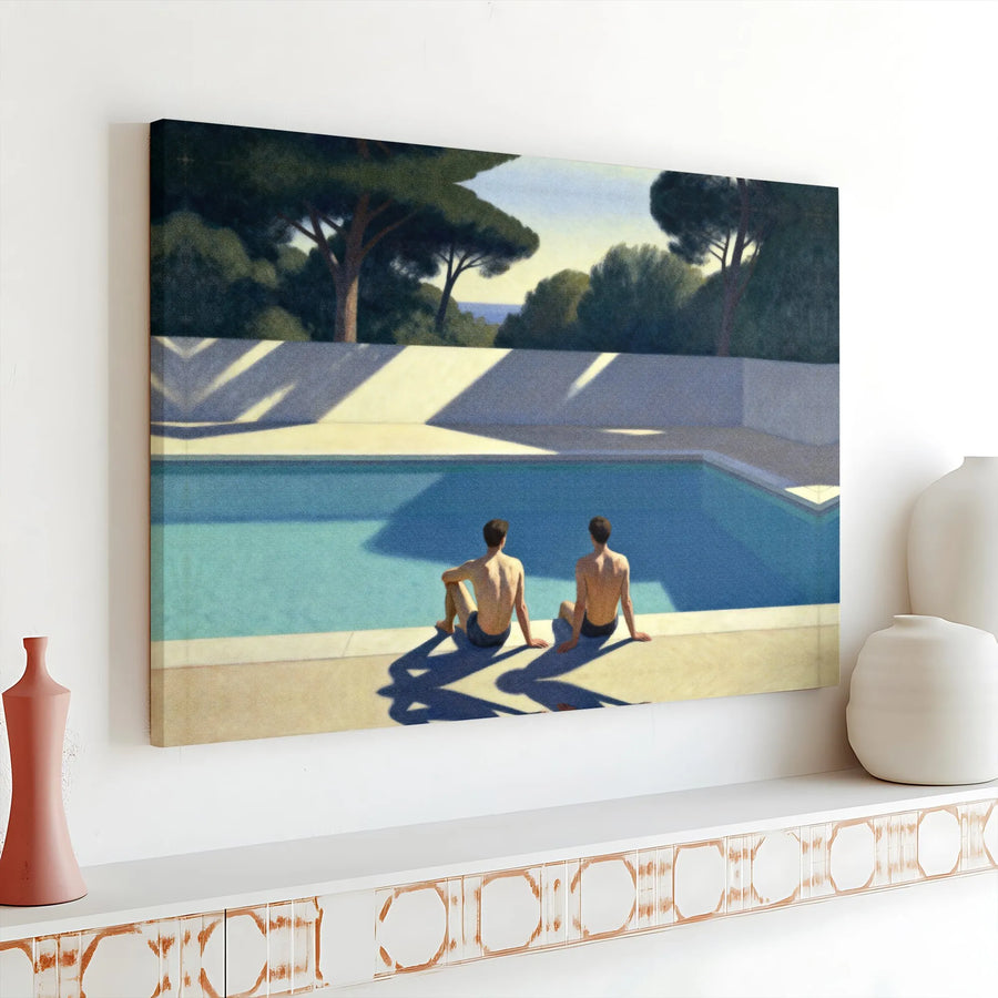 Two Men By Pool Canvas Art | Mid-Century Modern Swimming Scene | Premium 1.25” Gallery Wrap | Minimalist Home Decor Gift
