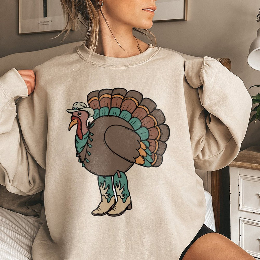 Western Cowboy Turkey Sweatshirt | Funny Thanksgiving Graphic | Cotton Blend Unisex Pullover | Fall Holiday Gift For Her