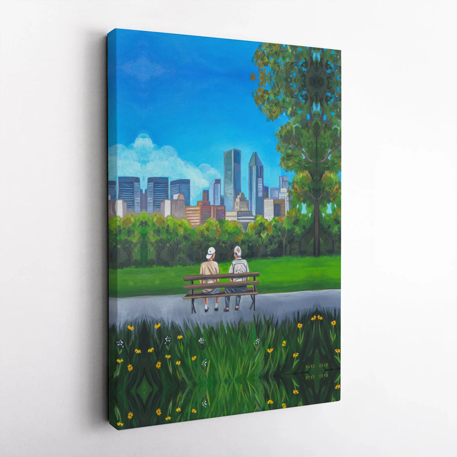 Elderly Couple Park Bench Canvas Print | Urban City Skyline Wall Art | Premium 1.25 Inch Gallery Wrap | Sentimental Gift for Grandparents