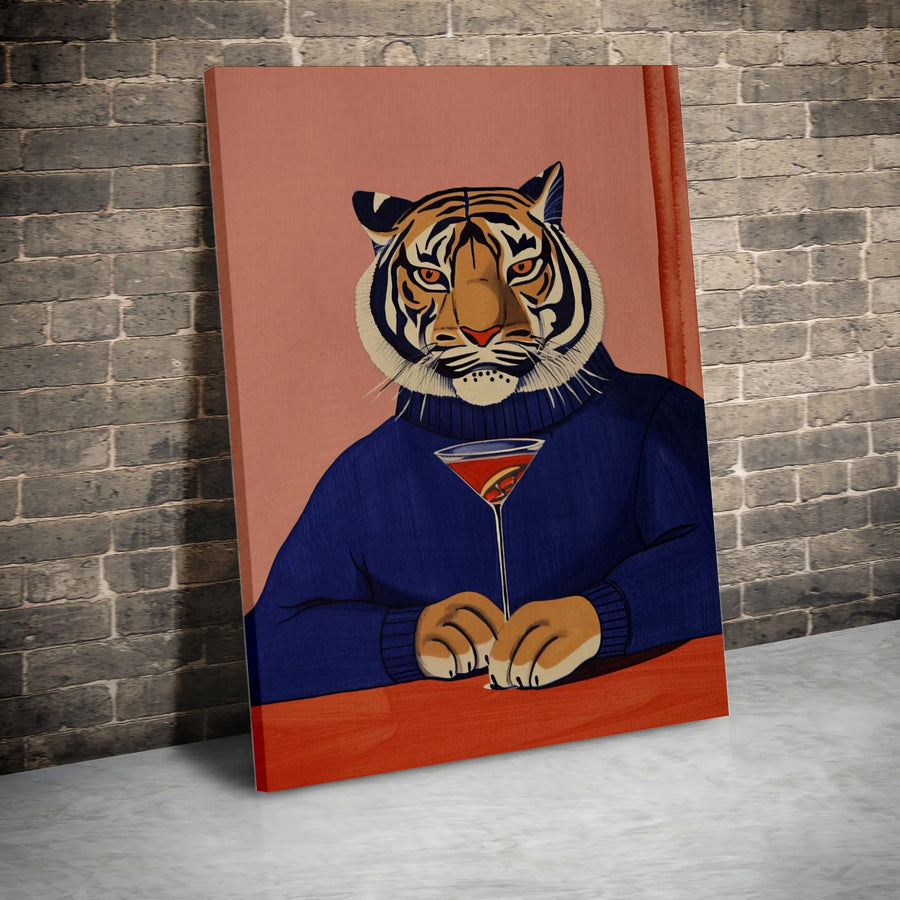 Tiger Canvas Wall Art | Anthropomorphic Martini Drinking Tiger | Premium Gallery-Wrapped Print | Whimsical Living Room Home Decor