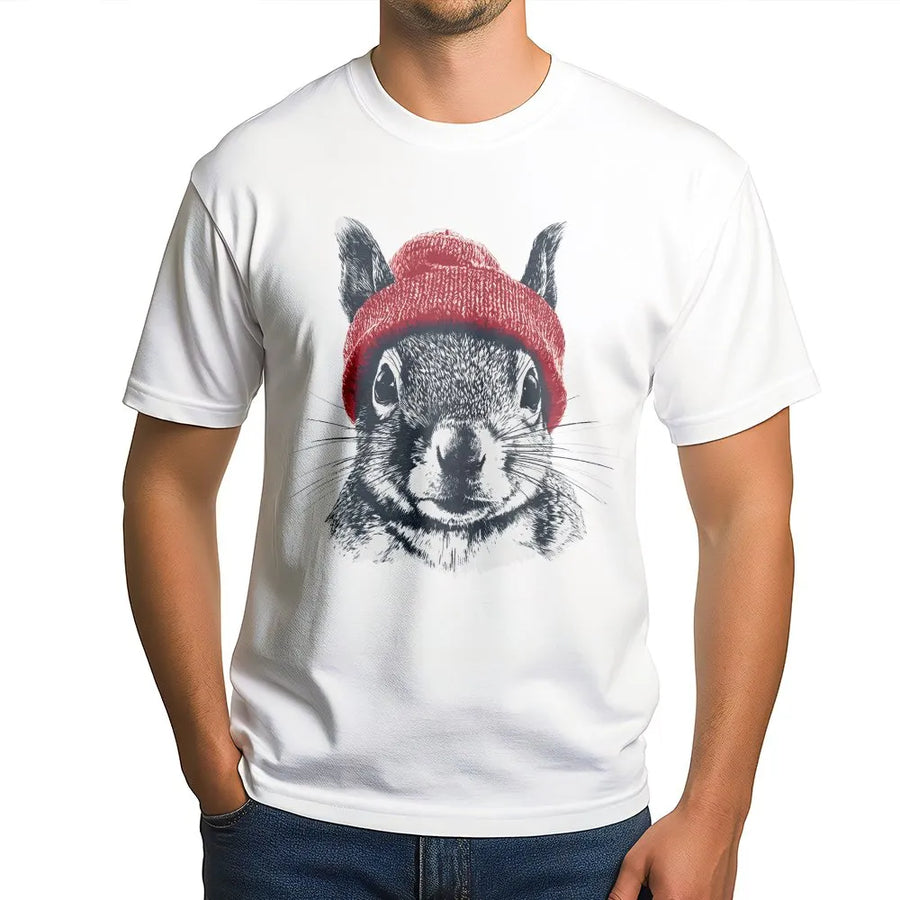 Squirrel T-Shirt | Retro Wildlife Art with Red Beanie | Cozy Cotton Blend Pullover | Gift for Animal Lover