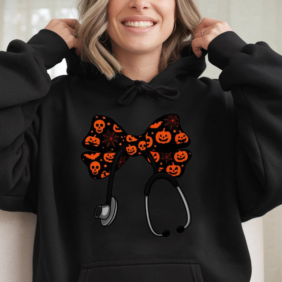 Nurse Halloween Hoodie | Stethoscope With Spooky Coquette Bow Graphic | Premium Cotton Blend | Gift For Nurses, CNA, Nursing Students