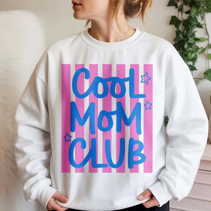Cool Moms Club Sweatshirt | Trendy Preppy Striped Graphic | Premium Soft Cotton Blend | New Mom Gift for Her