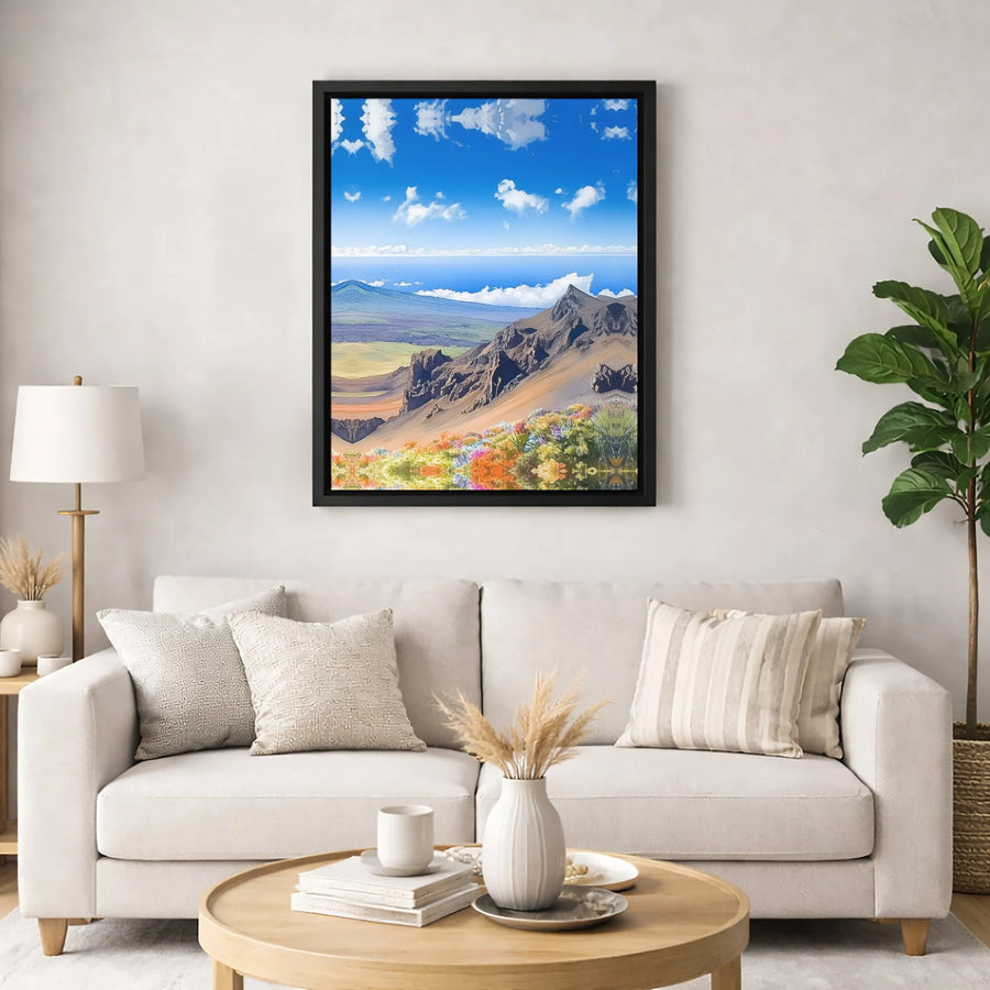 Mountain Landscape Canvas Print | Vibrant Floral Valley & Ocean View | 1.25 Inch Premium Gallery Wrap | Nature Art For Home Decor