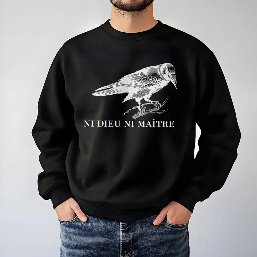 Ni Dieu Ni Maitre Sweatshirt | Crow Illustration Graphic | Premium Cotton Blend | Anarchist Anti-Authoritarian Gift for Activists