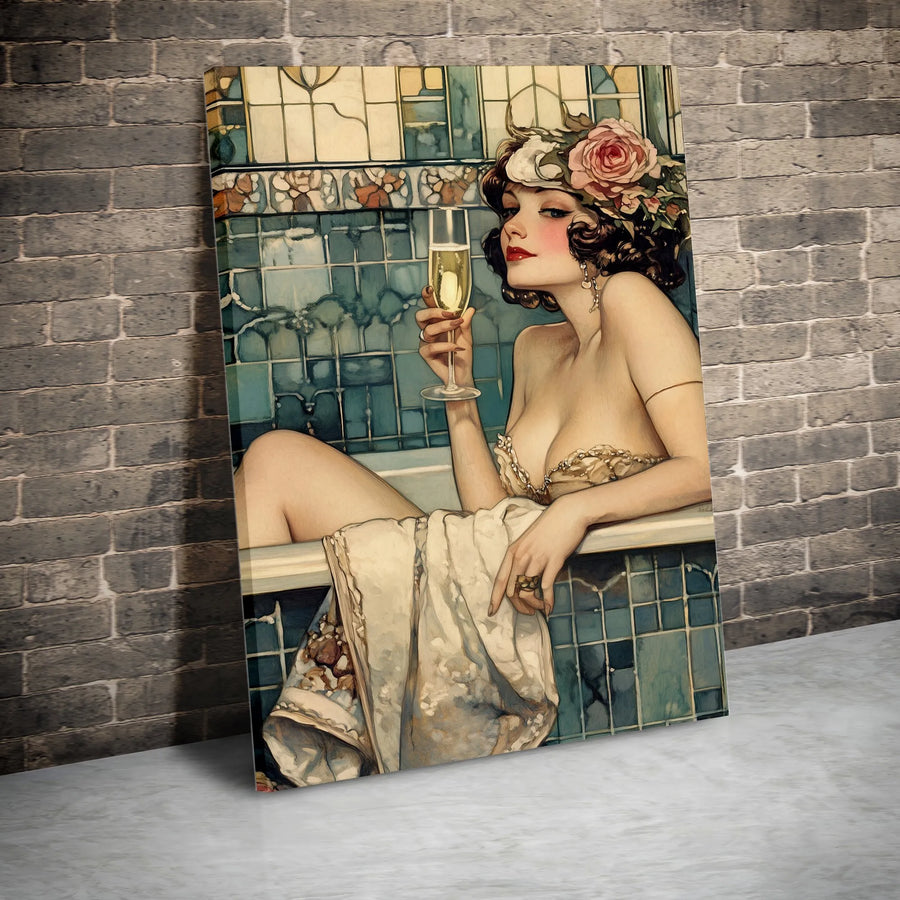 Vintage Art Deco Bathing Beauty Canvas | Champagne Diva Wall Art | Gallery Quality 1.25-Inch Profile | Glamorous Retro Home Decor Gift