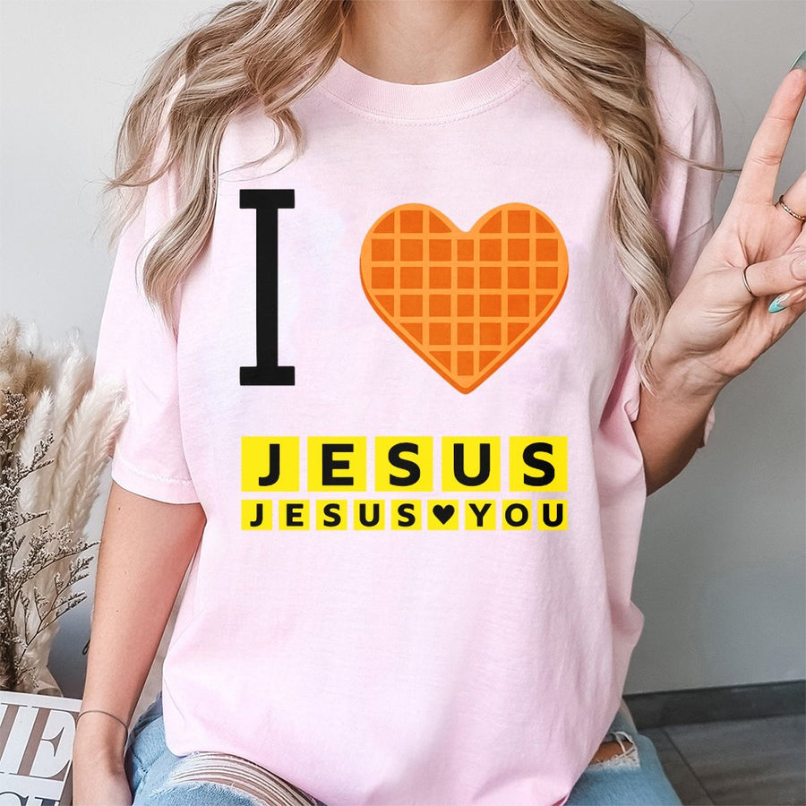 I Heart Jesus Waffle T-Shirt | Funny Christian Breakfast Graphic | 100% Cotton Premium Comfort Tee | Religious Faith Gift For Men Women