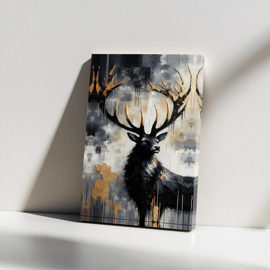 Abstract Stag Canvas Wall Art | Gold Antler Forest Animal Painting | Premium Gallery Wrap Decor | Modern Office Living Room Gift