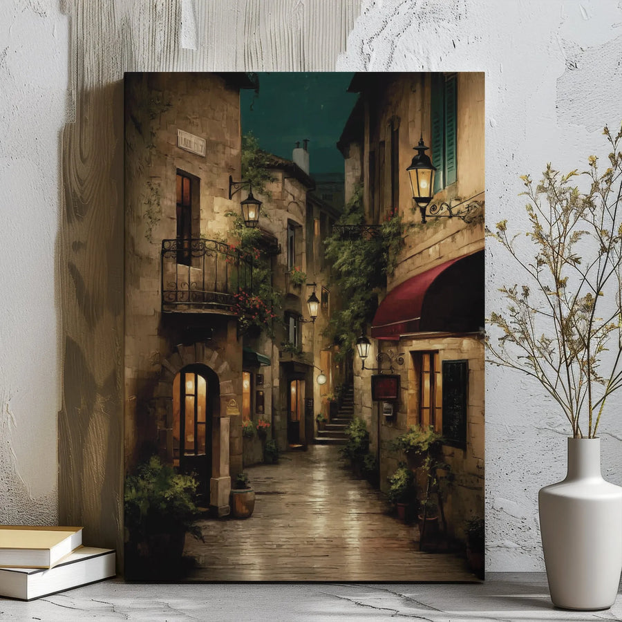 French Alleyway Canvas Art | Cozy European Street Night Painting | 1.25-Inch Gallery Wrap | Premium Home Decor Wall Print