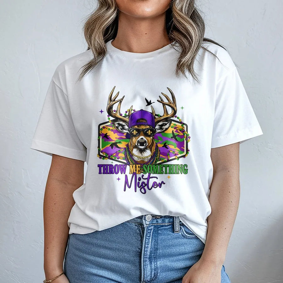 Mardi Gras Deer T-Shirt | Throw Me Something Mister Graphic Tee | Premium Cotton Hunting Humor Apparel | New Orleans Festival Gift for Him or Her