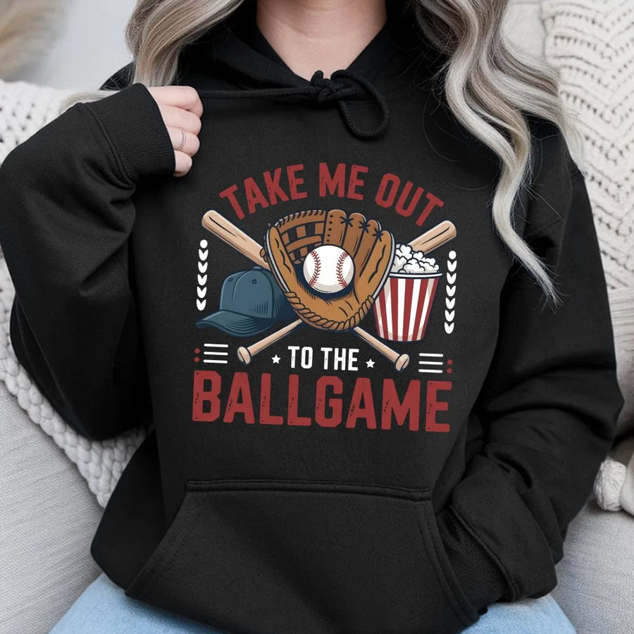 Take Me Out To The Ballgame Hoodie | Vintage Graphic with Bats & Glove | Premium Cotton Blend Pullover | Gift for Baseball Mom Dad Fan