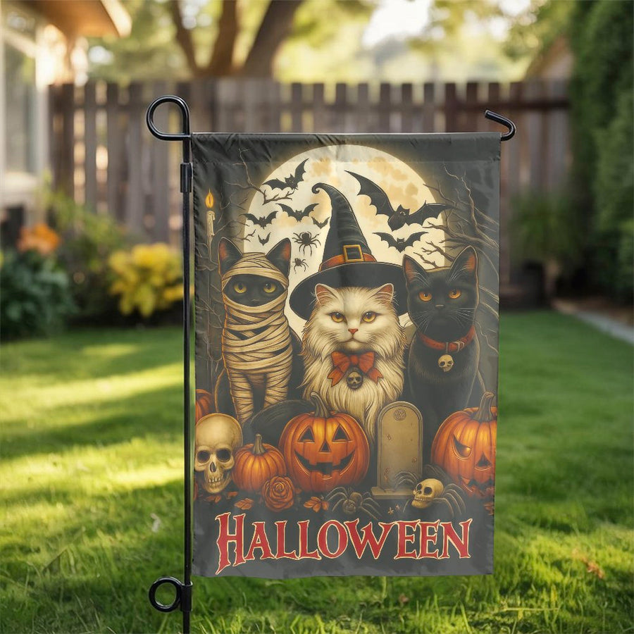 Halloween Garden Flag | Spooky Cats Pumpkins & Witch Hat Art | Weather-Resistant Polyester | Outdoor Fall Yard Decor Gift