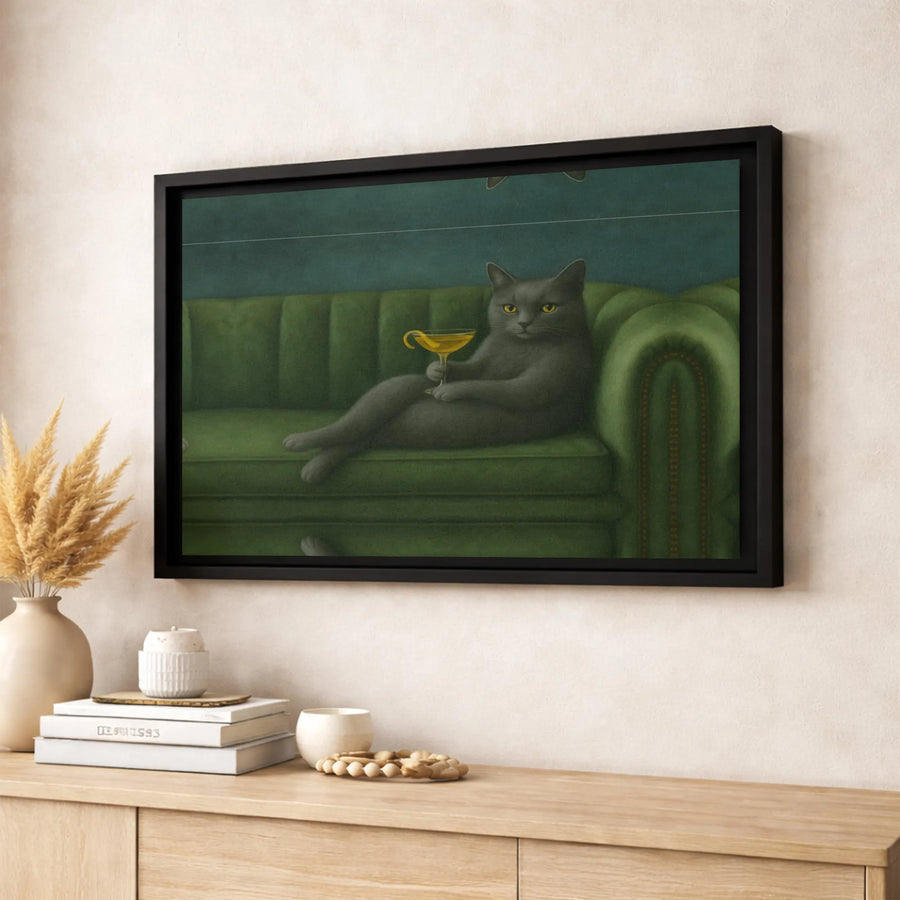Sophisticated Grey Cat Art Canvas | Whimsical Lounge Cat Drinking Cocktail | Gallery Wrapped Premium Canvas | Gift for Cat Lovers & Bar Decor