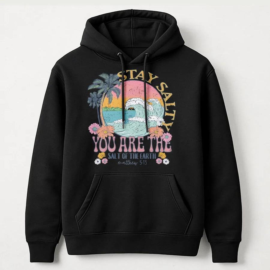 Stay Salty Christian Hoodie | Retro Beach Wave Graphic with Matthew 5:13 Verse | Soft Cotton-Blend Sweatshirt | Faith Based Gift for Women
