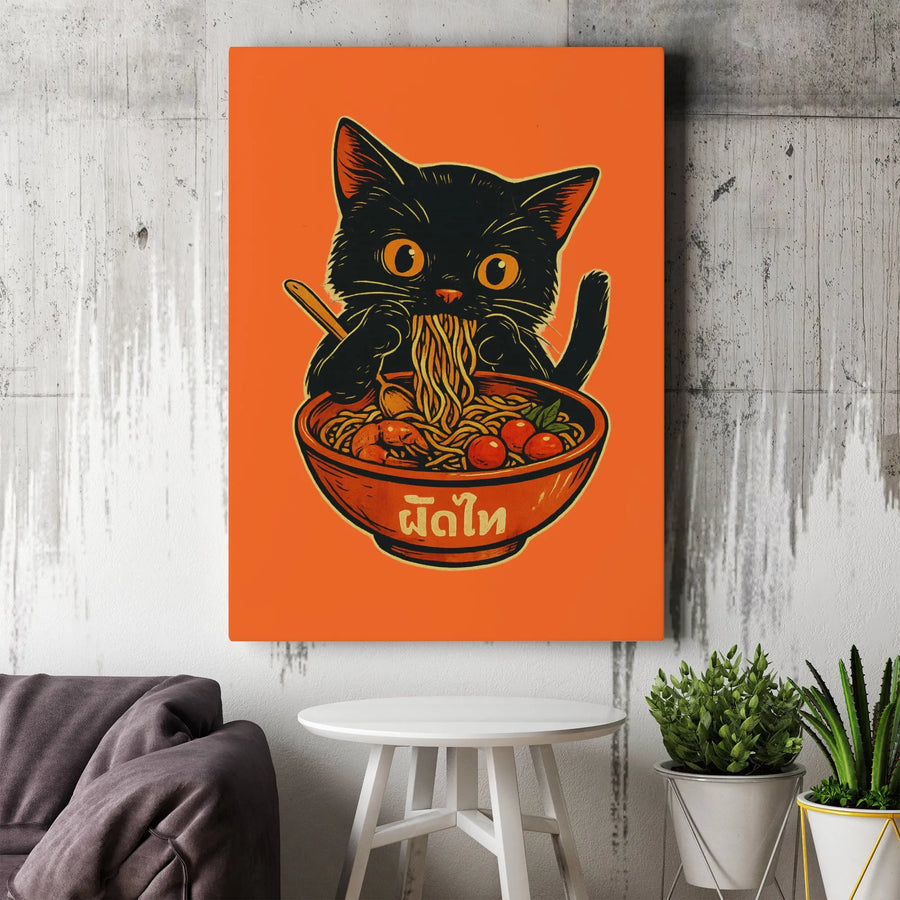 Black Cat Eating Pad Thai Noodles Canvas | Whimsical Asian Food Wall Art | Premium Gallery-Wrapped Print | Unique Kitchen Decor Gift