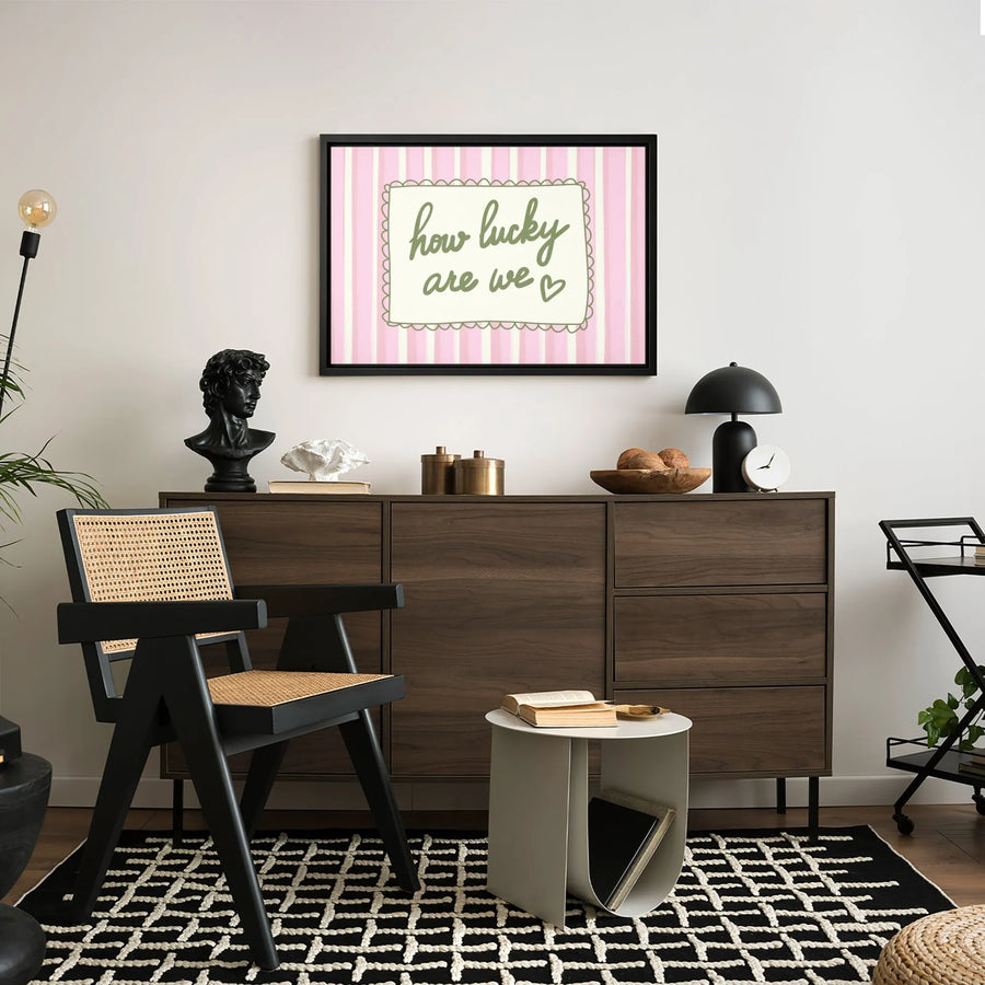 How Lucky Are We Wall Art | Pink Striped Nursery Decor | Gallery Quality 1.25 Inch Canvas | Sweet Romantic Gift for Couple or Home