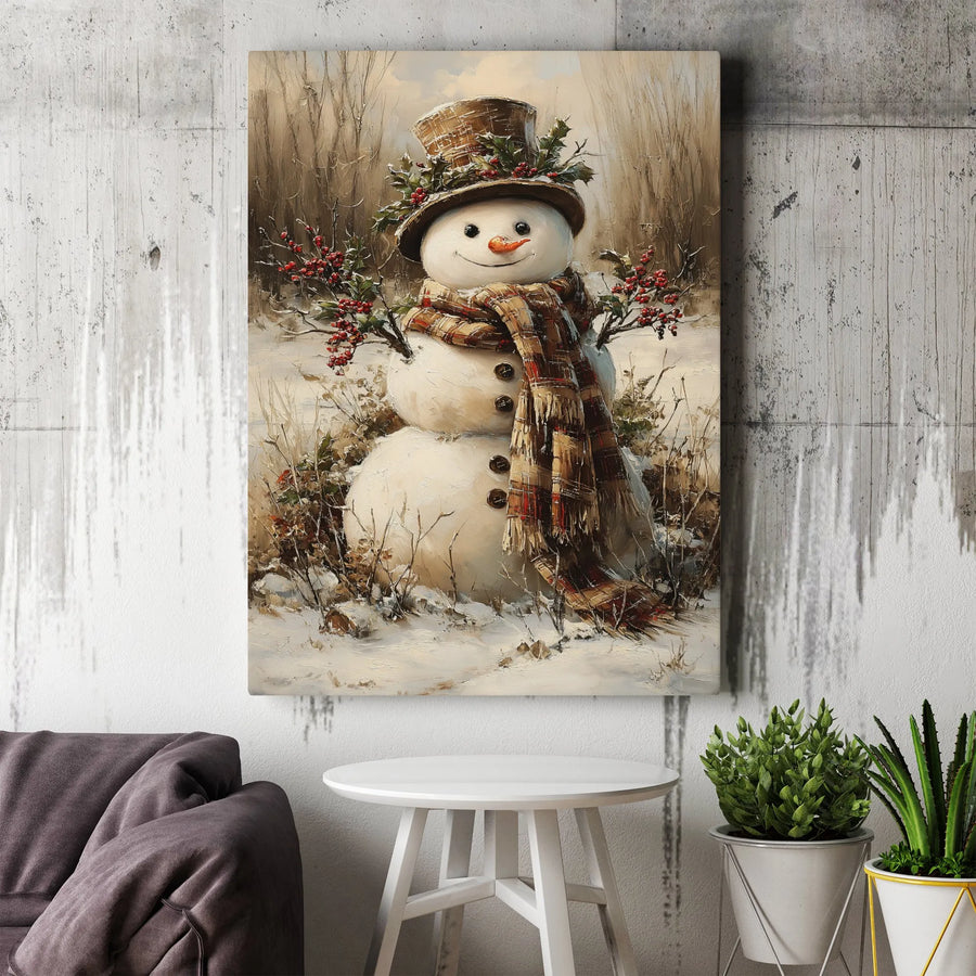 Rustic Snowman Canvas Art | Vintage Winter Holiday Painting | Premium Fade-Resistant Gallery Print | Festive Farmhouse Christmas Wall Decor