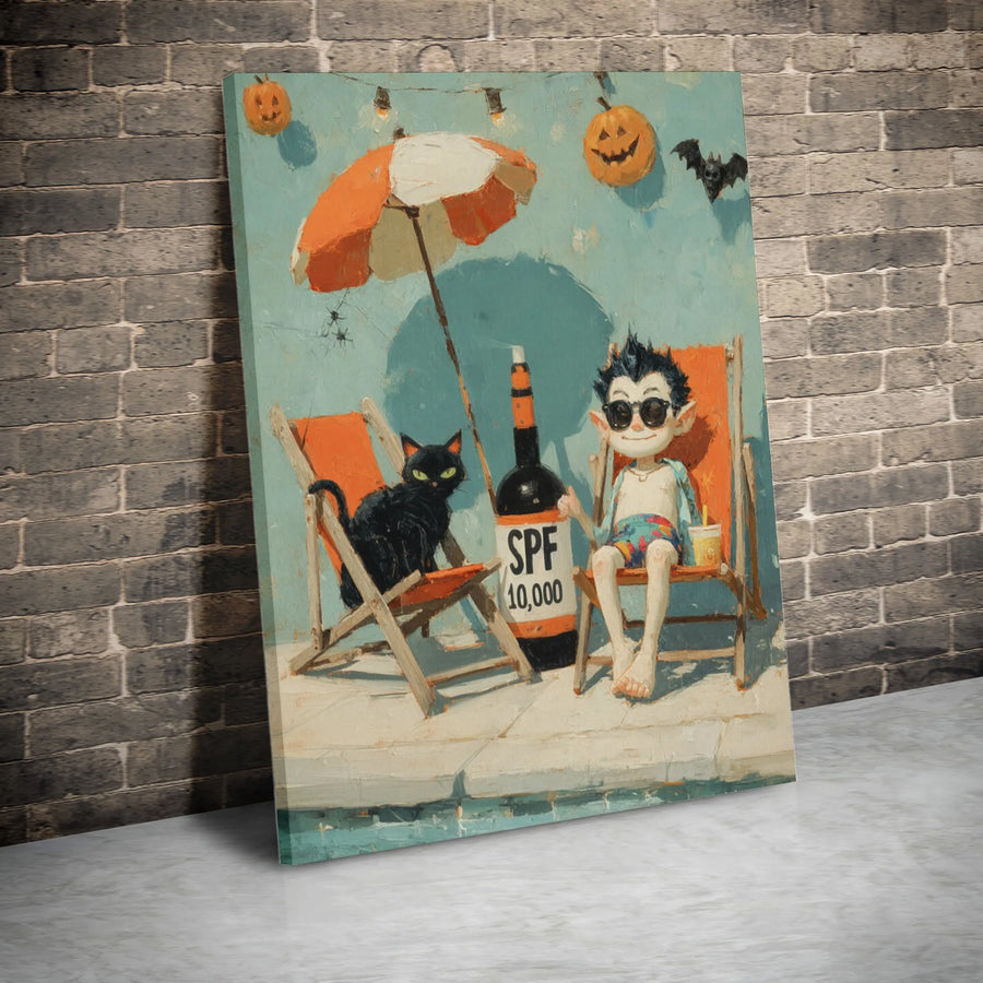 Funny Halloween Vampire Beach Vertical Canvas | Spooky Black Cat & SPF 10000 Painting | Premium 1.25" Gallery Wrap Canvas Print | Quirky Gothic Home Decor Gift