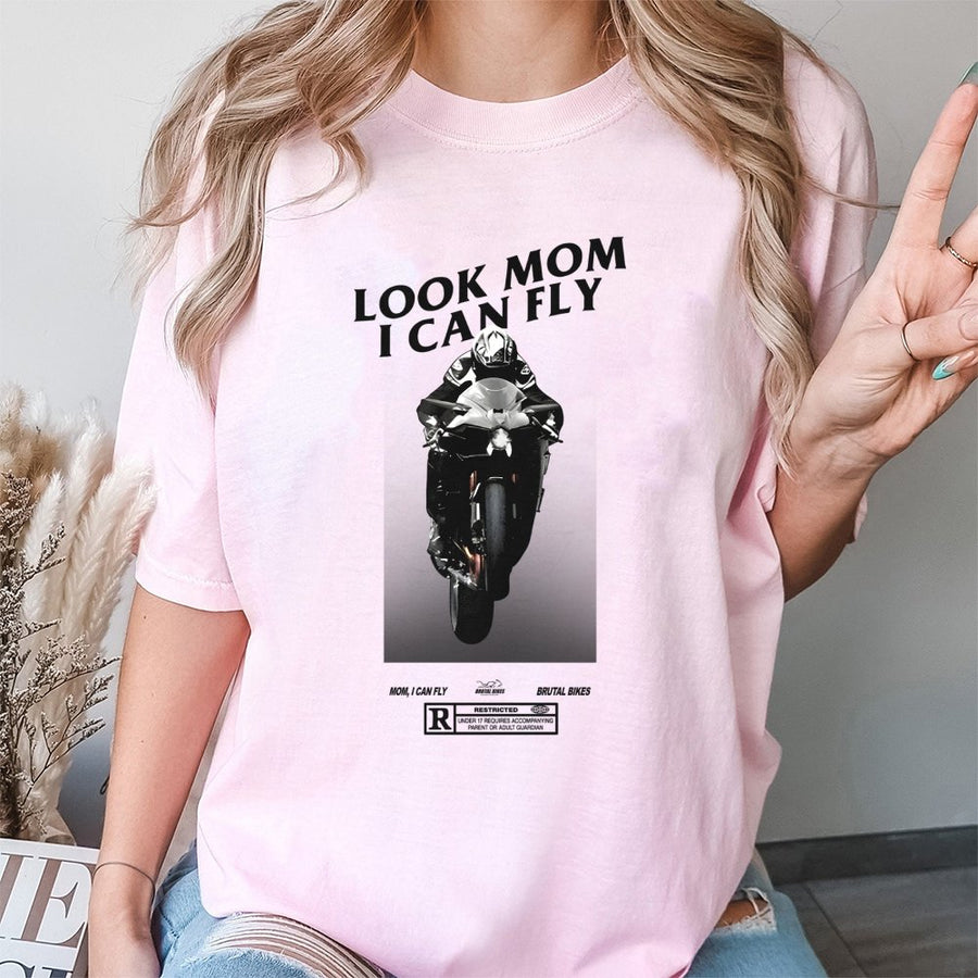 Motorcycle T-Shirt | Look Mom I Can Fly Wheelie Graphic | Premium Cotton Streetwear | Gift For Biker Men And Adrenaline Junkies