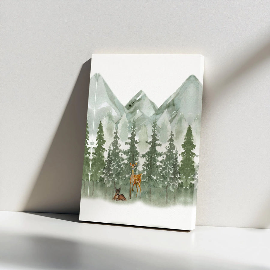 Watercolor Deer Canvas Print | Misty Pine Forest and Mountains | Premium Gallery Wrap Wall Art | Modern Rustic Home Decor for Living Room