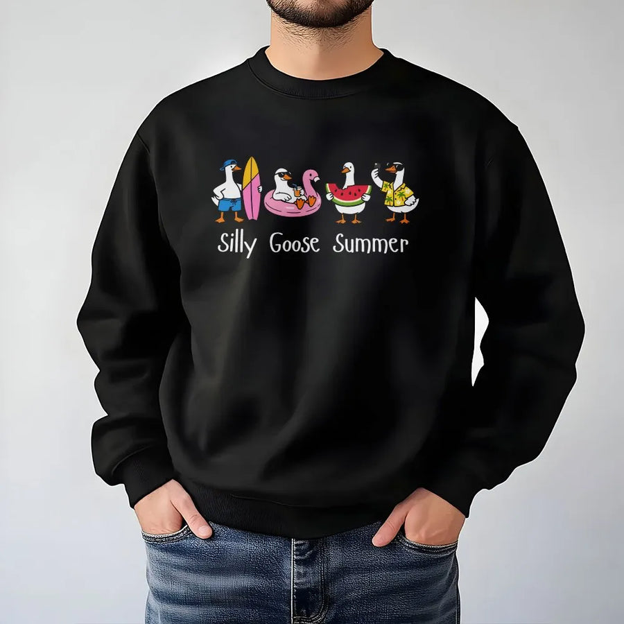 Silly Goose Summer Sweatshirt | Cute Cartoon Beach Geese Graphic | Soft Unisex Pullover | Funny Novelty Gift for Goose Lovers