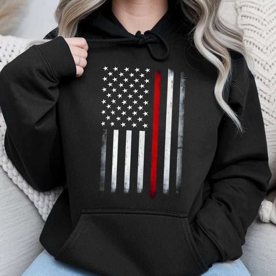 Thin Red Line Flag Hoodie | Distressed American Flag Graphic | Premium Crewneck Pullover | Gift for Firefighter Supporter