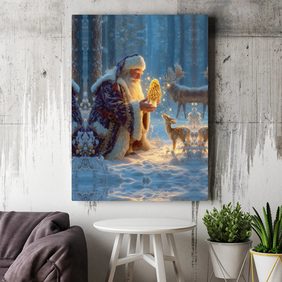 Santa Claus With Morel Mushroom Canvas Art | Winter Forest Fawn and Moose | Premium Gallery Wrap Wall Decor | Unique Christmas Gift for Foragers
