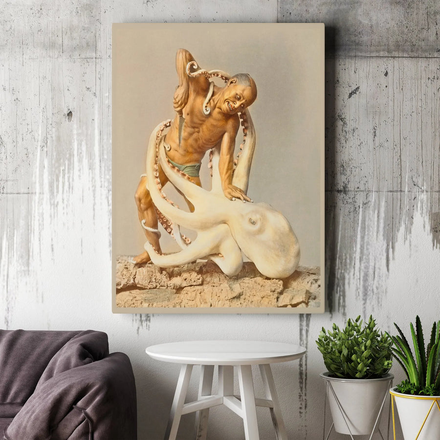 Japanese Octopus Fight Canvas | Vintage Ukiyo-e Inspired Wall Art | Premium Gallery Wrap Print | Unique Fine Art Decor For Home Office