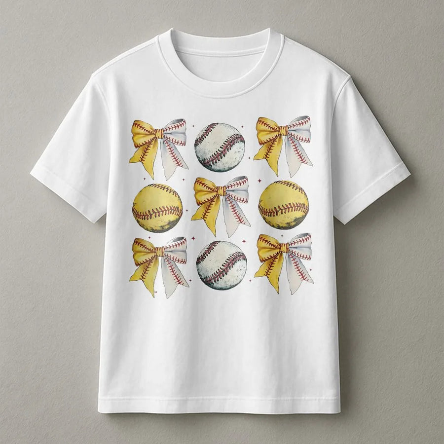 Baseball Softball Bow T-Shirt | Aesthetic Coquette Sports Graphic | Premium Soft Cotton Tee | Gift for Softball Moms and Players
