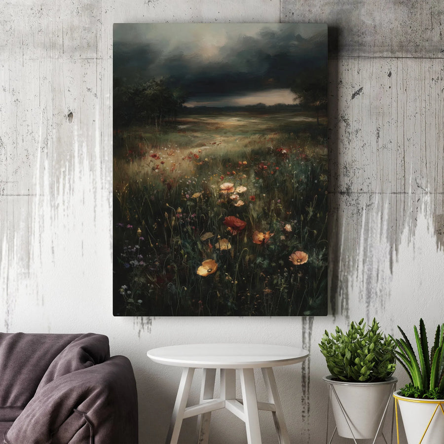 Moody Wildflower Meadow Canvas Wall Art | Stormy Sky Poppy Field Oil Painting Print | Premium Gallery-Wrapped Decor | Botanical Gift for Nature Lovers