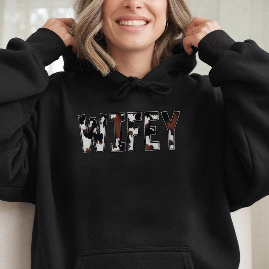 Wifey Cow Print Hoodie | Western Style Graphic Sweatshirt | Premium Cotton-Polyester Blend | Trendy Gift for Bride Engagement or Honeymoon