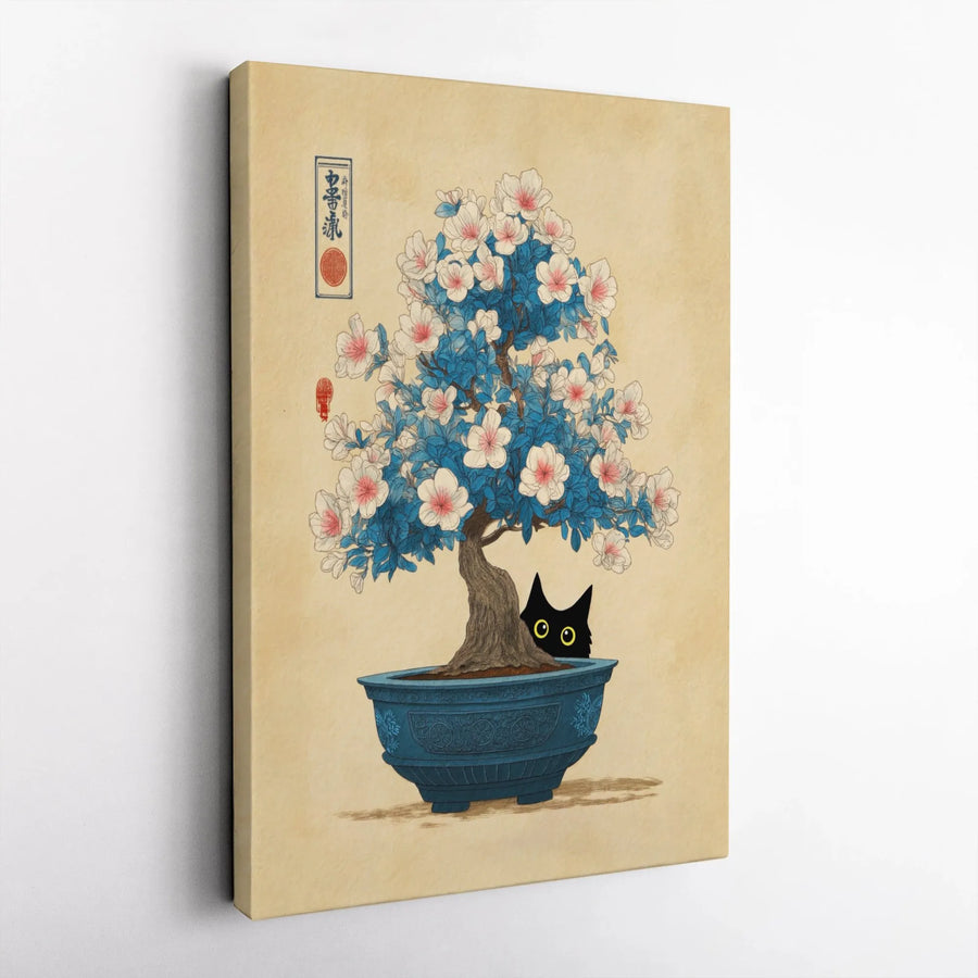 Black Cat Bonsai Tree Wall Art | Japanese Ukiyo-E Inspired Canvas | 1.25" Gallery Wrap Premium Print | Whimsical Home Decor Gift for Cat Lovers
