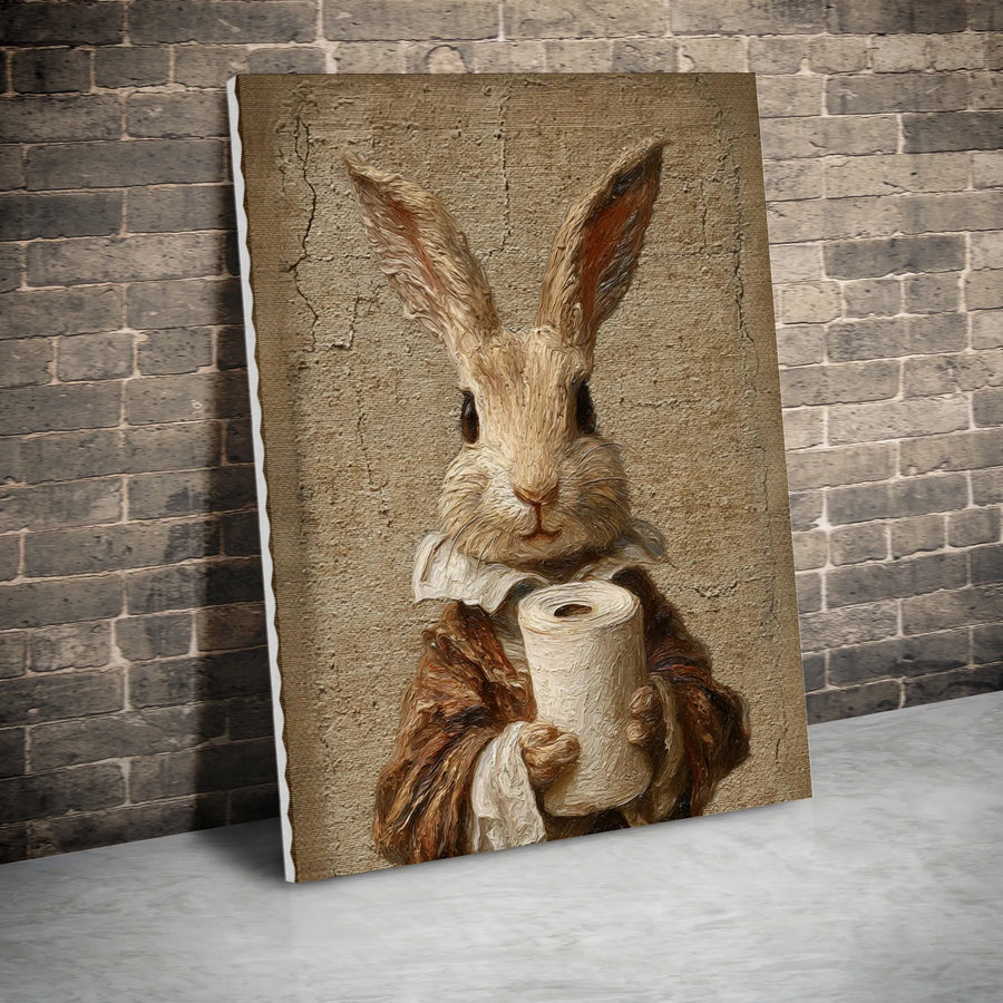 Funny Rabbit Toilet Paper Canvas Art | Vintage Animal Portrait Painting | Premium Gallery Wrapped Canvas | Quirky Bathroom Wall Decor Gift