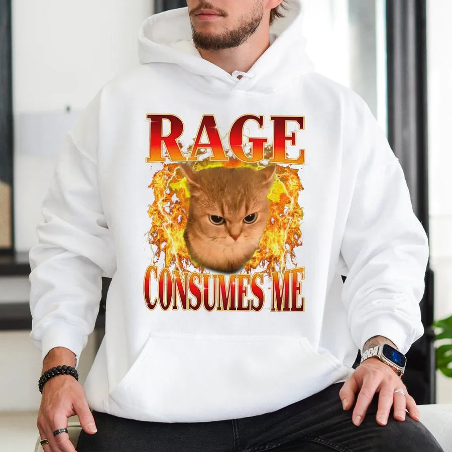 Angry Cat Fire Hoodie | Rage Consumes Me Graphic Meme | Cotton-Blend Premium Apparel | Funny Edgy Gift For Cat Lovers And Gen Z Aesthetic