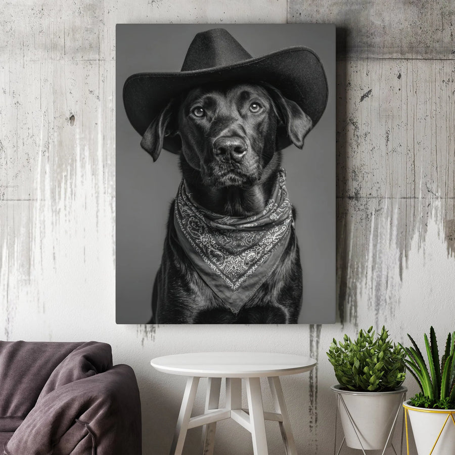Black Labrador Cowboy Canvas Wall Art | Western Dog Portrait with Hat and Bandana | Premium Gallery Wrap Print | Unique Gift for Dog Lovers