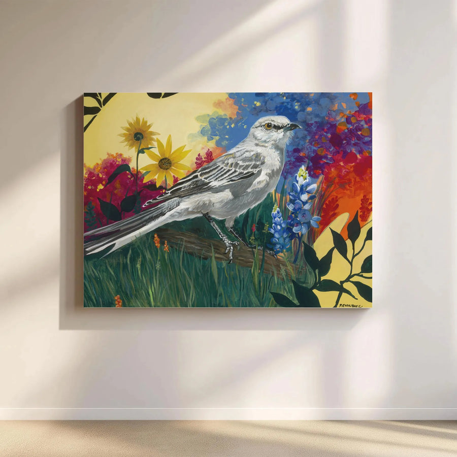 Texas Mockingbird and Bluebonnets Horizontal Canvas | Vibrant Wildflower Painting Style Wall Art | Premium 1.25" Gallery Wrap | Texas Pride Housewarming Gift