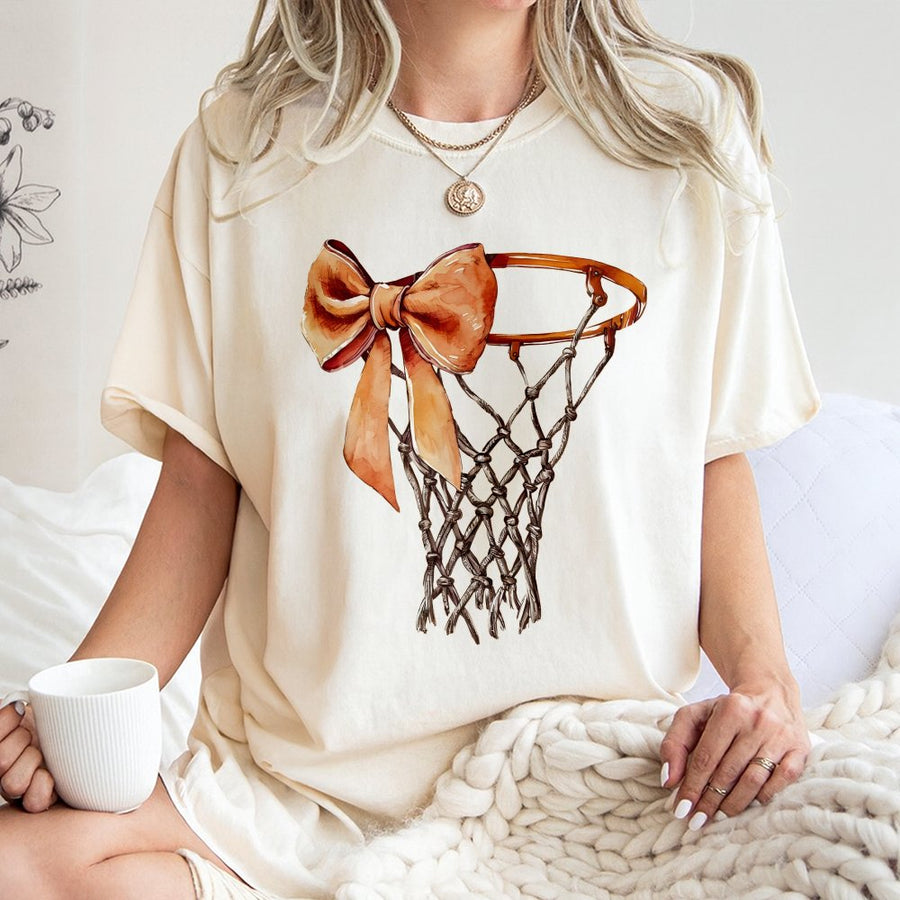 Coquette Basketball T-Shirt | Aesthetic Bow Hoop Graphic Design | 100% Cotton Premium Tee | Trendy Basketball Mom Game Day Gift