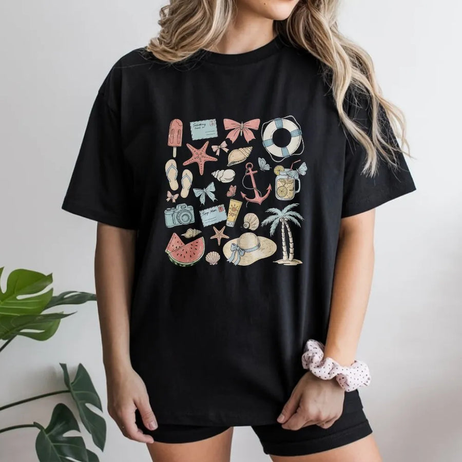 Coastal Coquette T-Shirt | Vintage Summer Beach Icons Graphic | Soft Cotton Blend Pullover | Gift for Her, Girls Trip Vacation Outfit