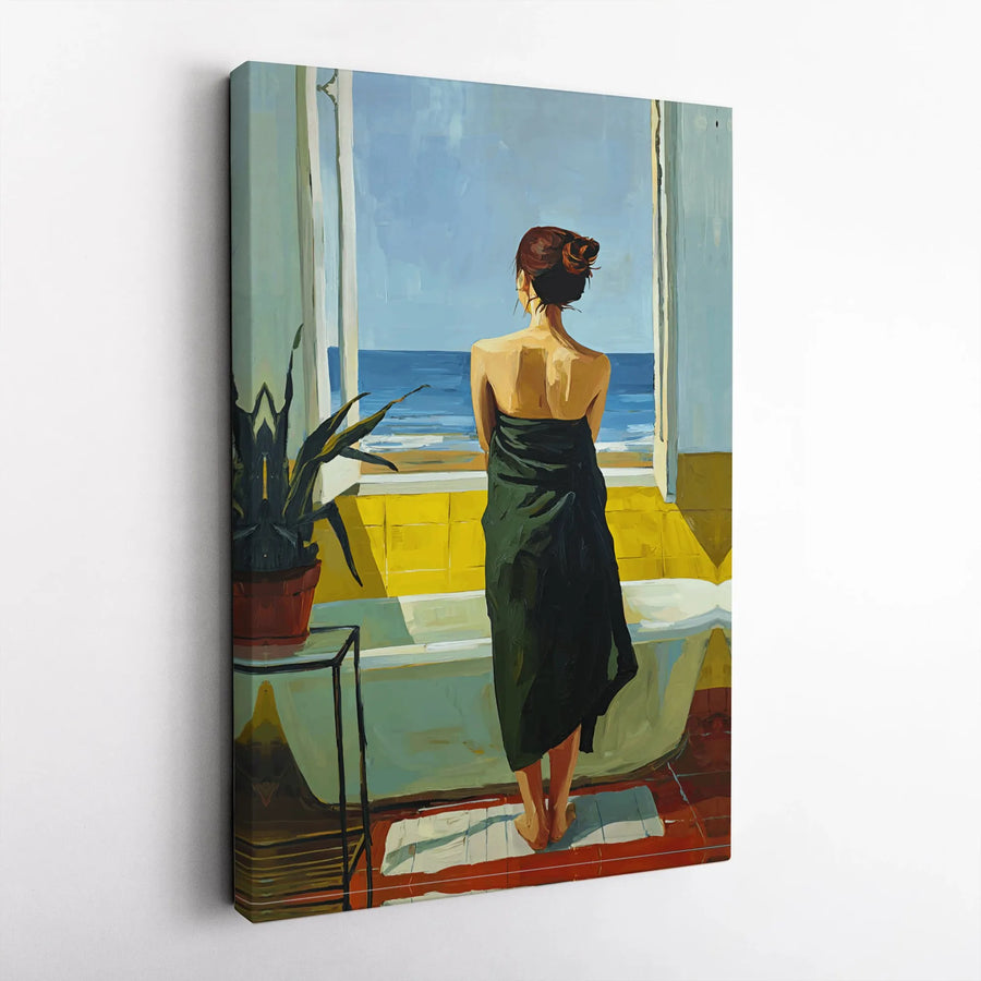Woman Looking At Ocean Canvas Print | Impressionist Bathroom Window Wall Art | Premium Gallery Wrap Decor | Gift For Her Coastal Home