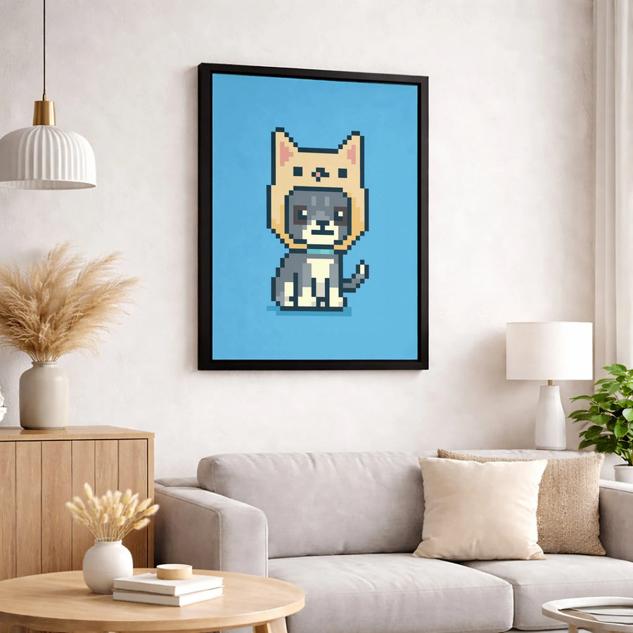 Pixel Art Dog in Cat Hoodie Canvas | Cute 8-Bit Animal Wall Art | 1.25-Inch Premium Gallery Wrap | Modern Home Decor Gift for Gamers