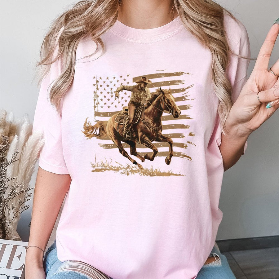 Western Cowboy Graphic T-Shirt | Distressed American Flag Design | 100% Premium Cotton | Patriotic Rodeo Style Gift for Him & Her