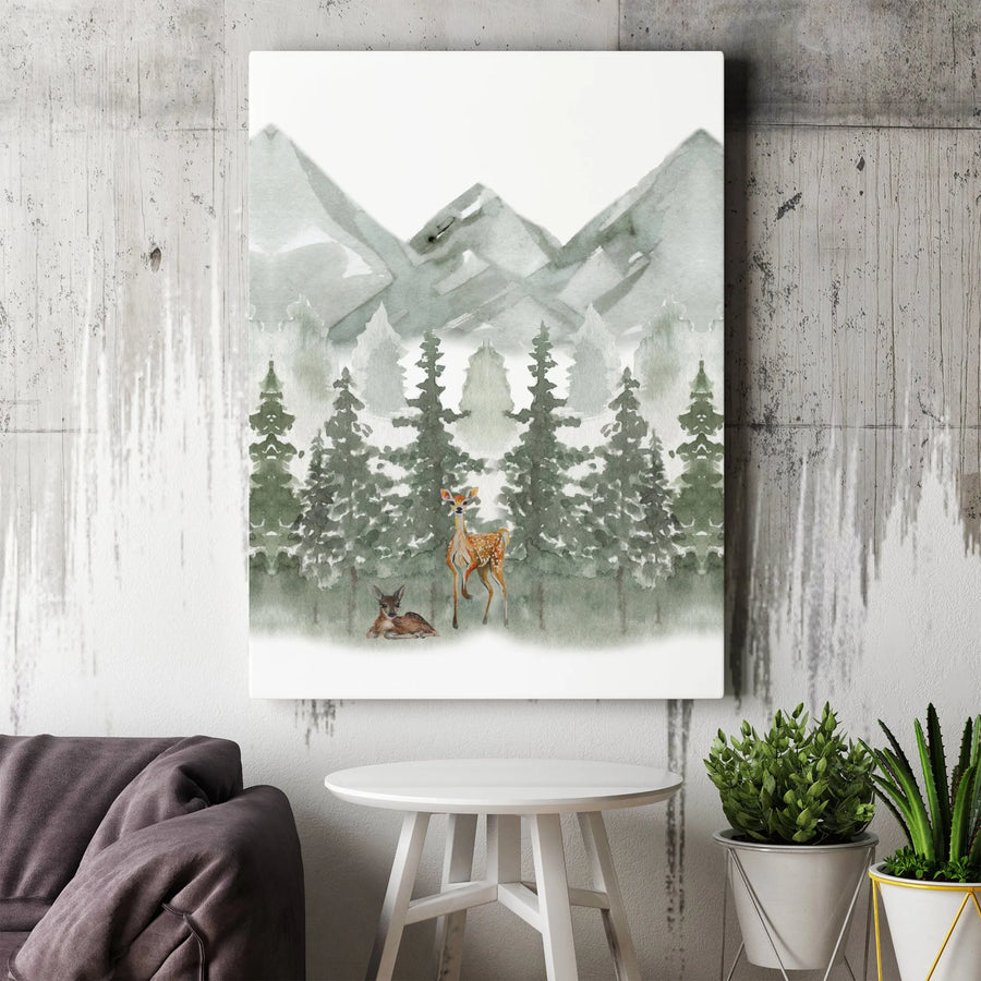 Watercolor Deer Canvas Wall Art | Forest Fawn and Mountain Print | Premium Gallery Wrapped Decor | Nature Lover Gift for Home Office