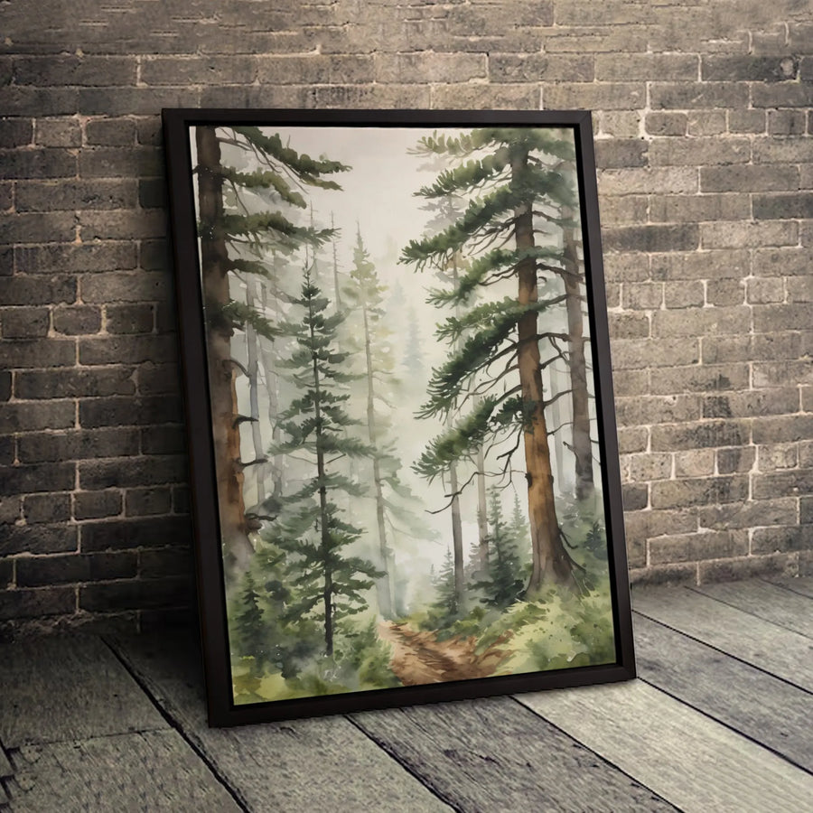 Misty Pine Forest Canvas Art | Watercolor Hiking Trail Landscape | Premium Gallery Wrapped Wall Decor | Nature Lover Gift