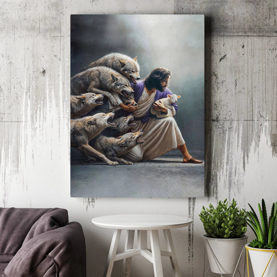 Jesus Protecting Lamb Canvas | Religious Wolf Wall Art | Premium Gallery Wrapped Decor | Christian Faith Gift for Home Office Wall
